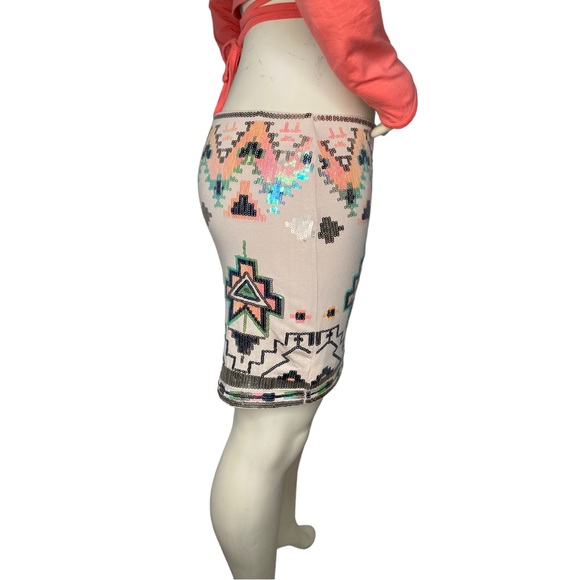 EXPRESS Cream & Multicolor Sequin Tribal Aztec Mini Skirt, M - Picture 4 of 6